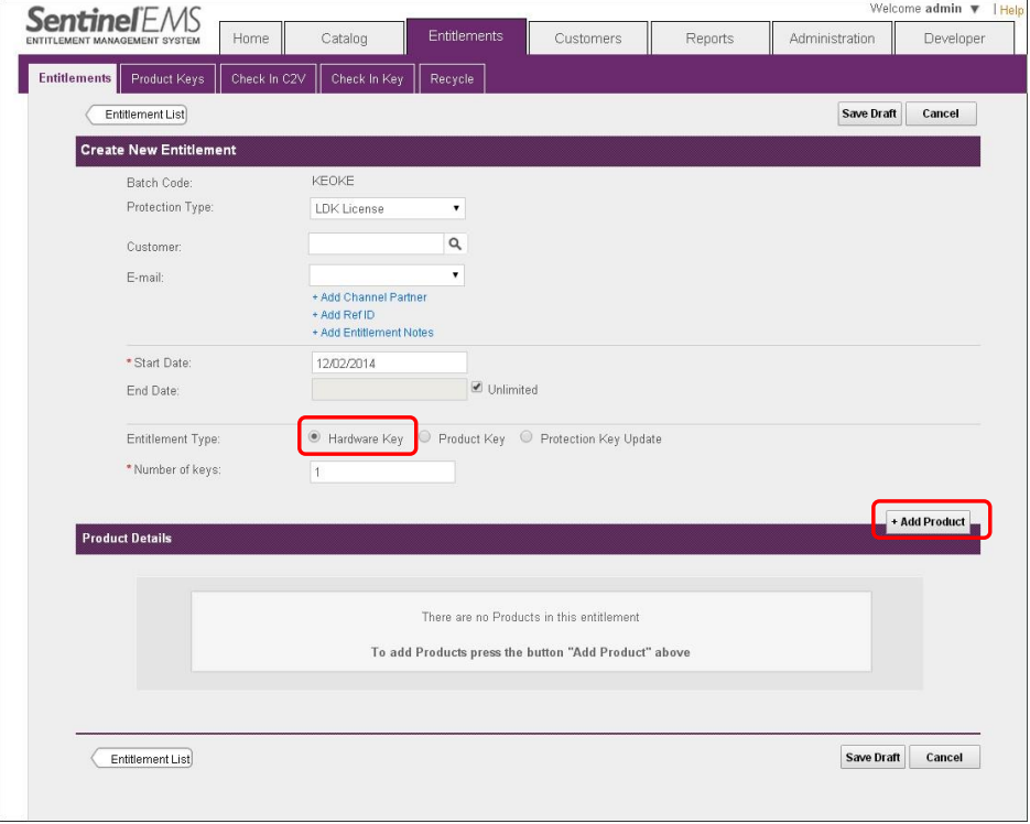 使用”New Entitlement”新建一个 Entitlement，在”Entitlement Type”中选择”Hardware Key”： 使用”Add Product”，添加已经定义完成的产品： 进入 Entitlements 选项: