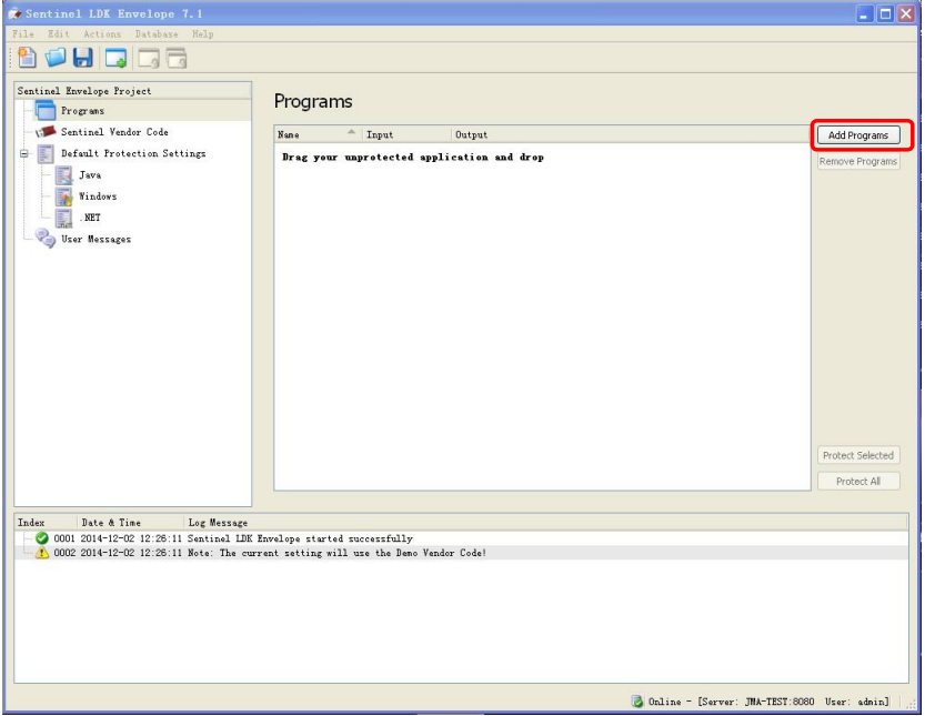 添加程序可以使用”Add Programs”按钮或者直接将要保护的 exe 或者 dll 文件拖 入加壳工具：